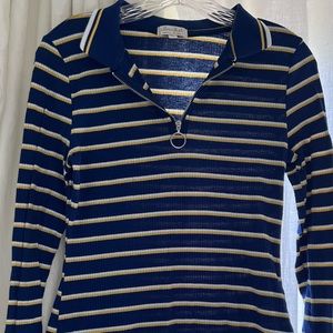 Dark blue with white and yellow strip half zip up shirt